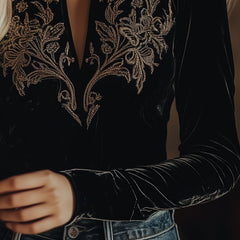 Black velvet long sleeve V-neck top with embroidered details, stylish T-shirt by My Store.