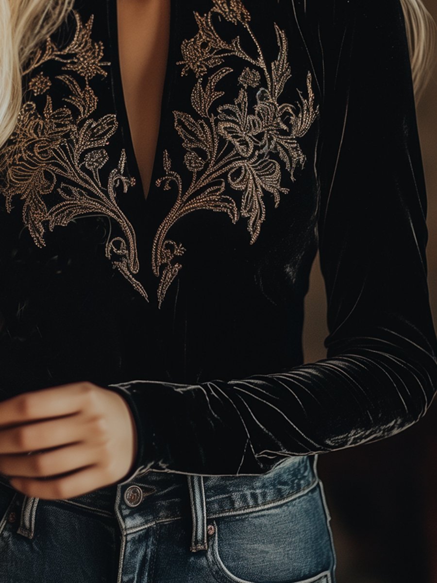 Black velvet long sleeve V-neck top with embroidered details, stylish T-shirt by My Store.