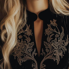 Black velvet V-neck long sleeve top with embroidered details, stylish T-shirt from My Store.