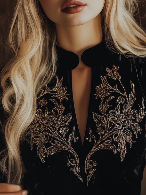 Black velvet V-neck long sleeve top with embroidered details, stylish T-shirt from My Store.