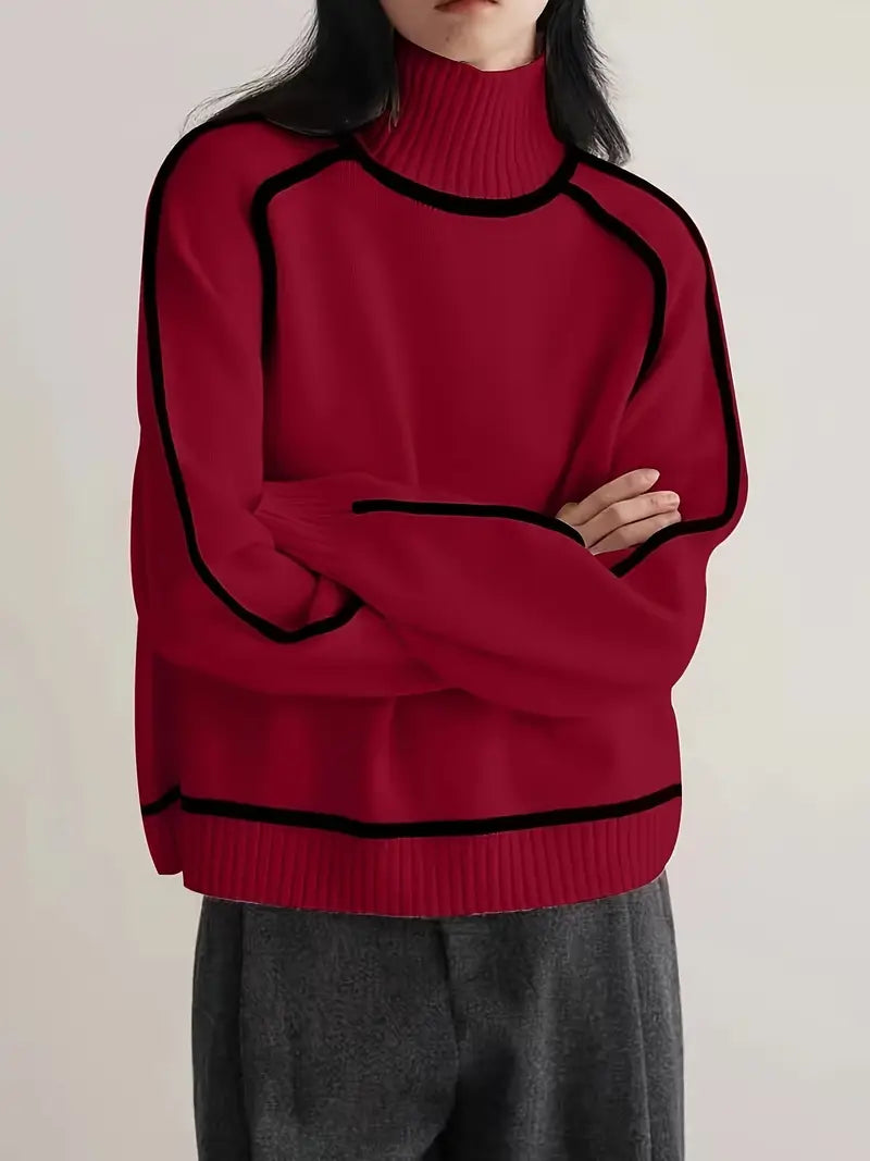 Turtleneck Sweater Women Contrast Piping Relaxed Fit