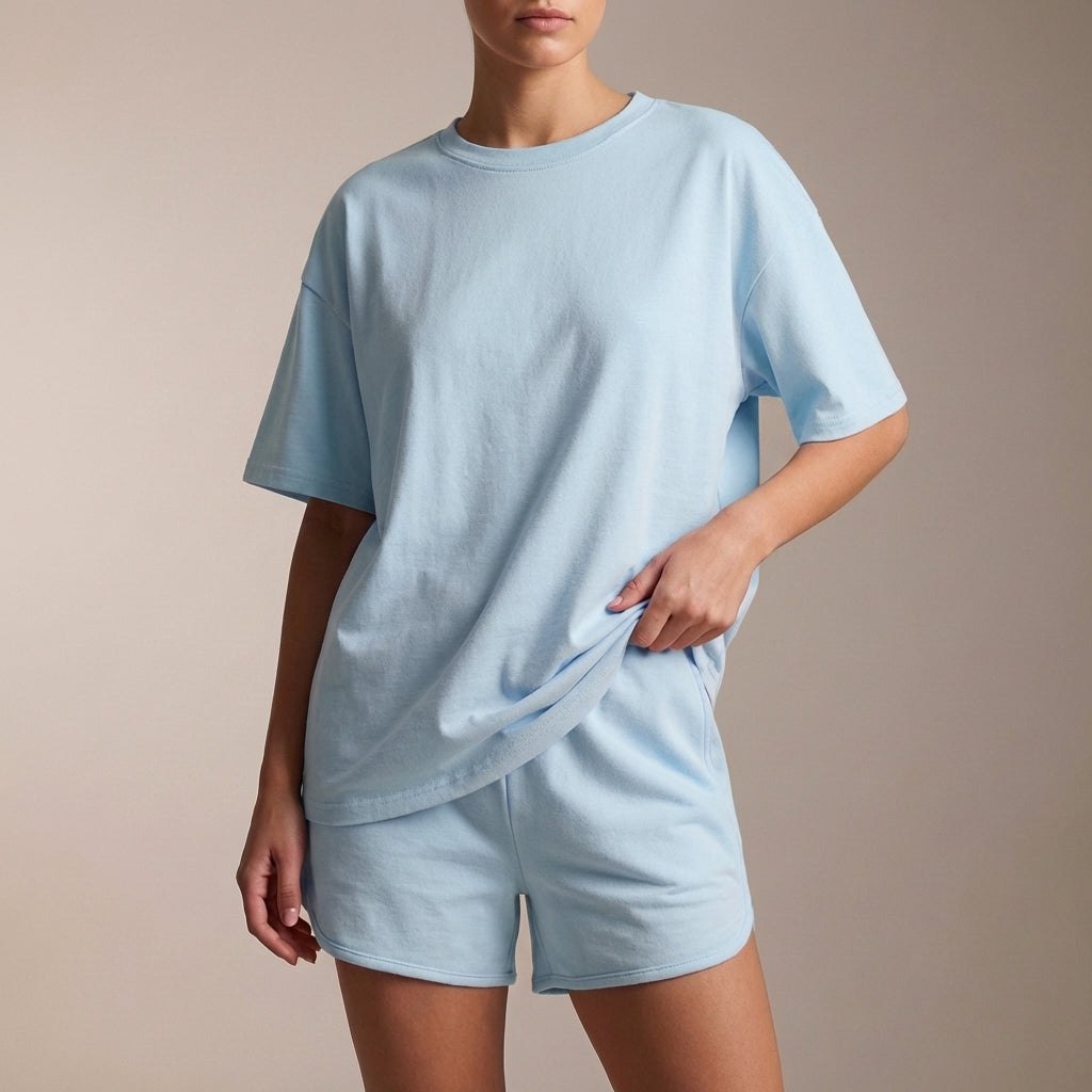 Sky blue women's drawstring two-piece co-ord set by Tammy Bradley, featuring a stylish top and matching pants.