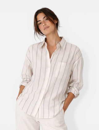 Lightweight women's striped button-down shirt with a relaxed fit, featuring classic vertical stripes and a casual, stylish look.