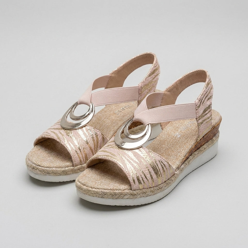 Tammy Bradley women's peep-toe wedge sandals with open toe design and tan leather straps, studio shot highlighting stylish footwear.