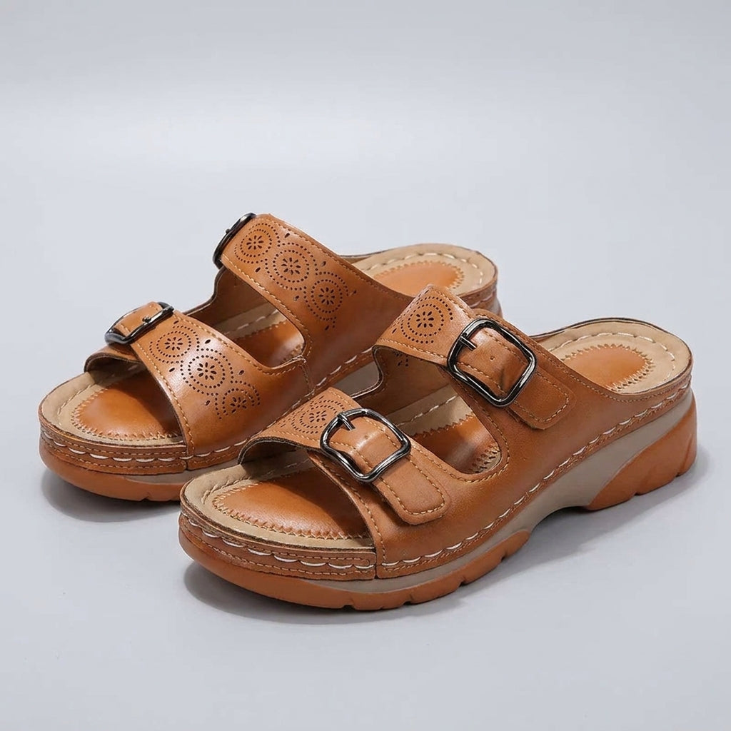 Tammy Bradley buckle platform slide sandals for women with brown straps and chunky heels, stylish and comfortable for casual wear.