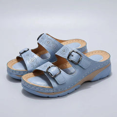 Blue Tammy Bradley buckle platform slide sandals for women with chunky soles and adjustable straps, perfect for casual summer wear.