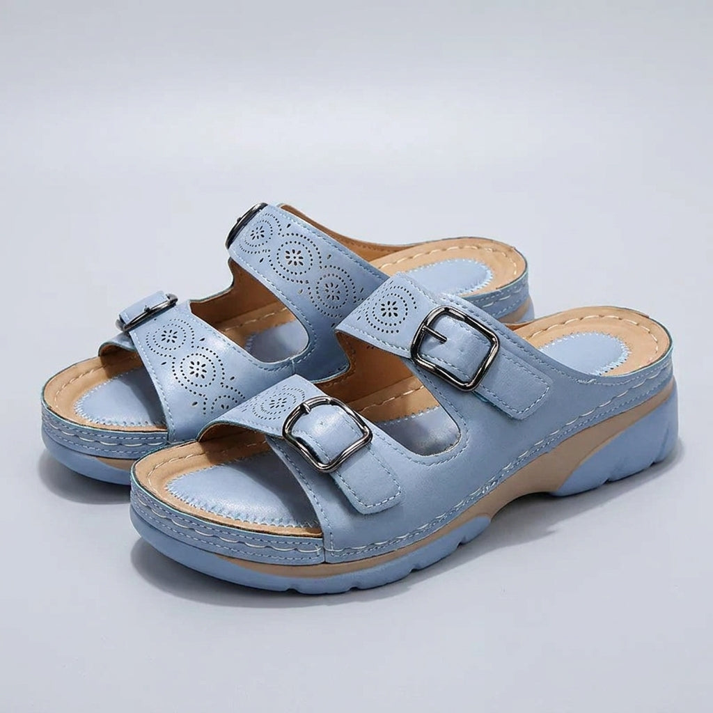 Blue Tammy Bradley buckle platform slide sandals for women with chunky soles and adjustable straps, perfect for casual summer wear.