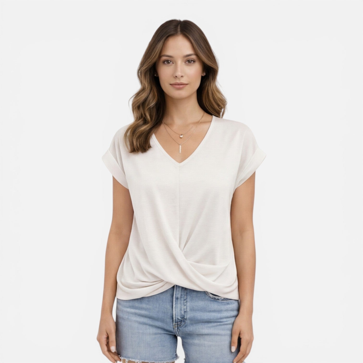 Women's V-neck twist front casual summer T-shirt, short sleeve, soft fabric, stylish women's shirt by My Store