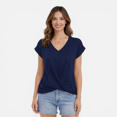 Women's V-neck twist front casual summer T-shirt with short sleeves, soft fabric, ideal for warm weather.