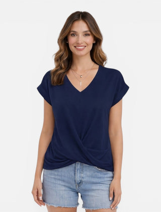 Women's V-neck twist front casual summer T-shirt with short sleeves, soft fabric, ideal for warm weather.
