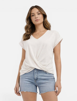 Light beige women's V-neck twist front T-shirt, short-sleeve casual summer top, soft fabric, relaxed fit.