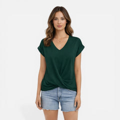 Women's V-neck twist front casual summer T-shirt with short sleeves, soft fabric, stylish design, perfect for warm weather.