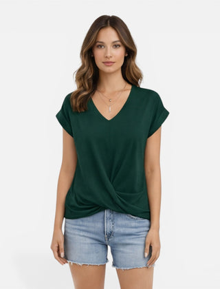 Women's V-neck twist front casual summer T-shirt with short sleeves, soft fabric, stylish design, perfect for warm weather.