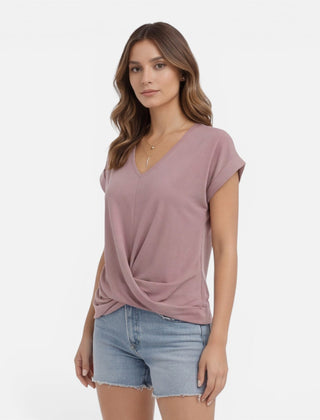 Women's V-neck twist front casual summer T-shirt, soft short-sleeve top for women, stylish and comfortable everyday wear.