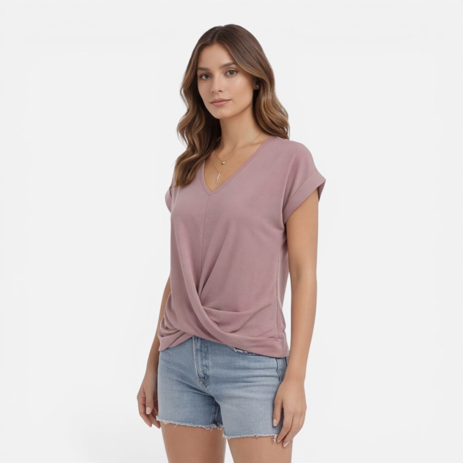 Women's V-neck twist front casual summer T-shirt, soft short-sleeve top for women, stylish and comfortable everyday wear.