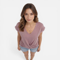 Women's V-neck twist front casual summer T-shirt, soft fabric, short sleeves, stylish and comfortable top from My Store.