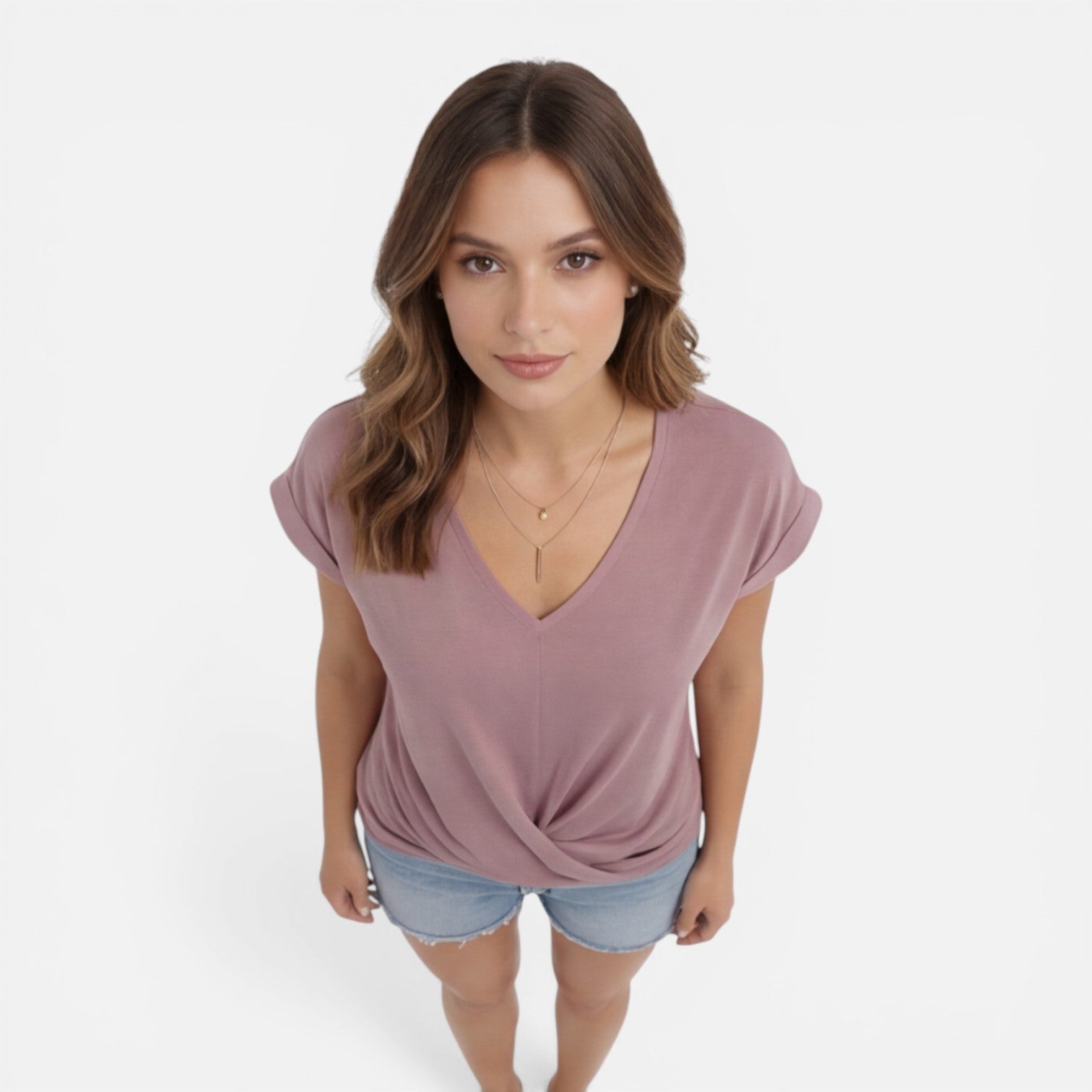 Women's V-neck twist front casual summer T-shirt, soft fabric, short sleeves, stylish and comfortable top from My Store.