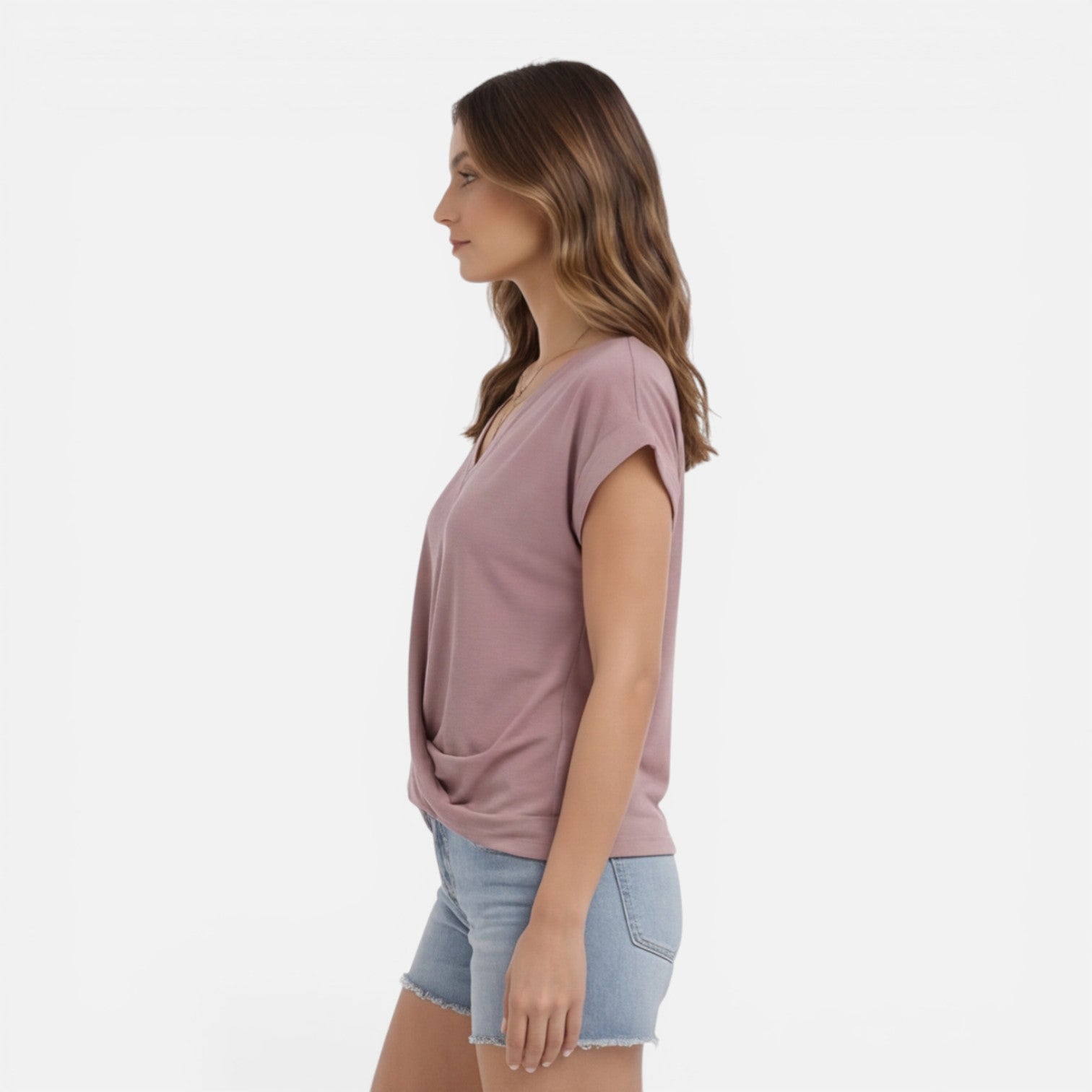 Women's V-neck twist front casual summer T-shirt, soft fabric, short sleeves, stylish fit for warm weather.