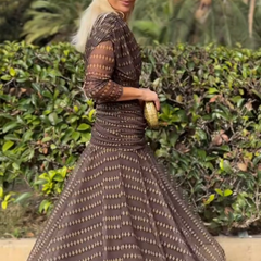Bohemian patterned V-neck mesh maxi dress in soft fabric, featuring a flowy silhouette ideal for casual or wedding occasions.