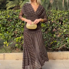 Bohemian patterned V-neck mesh maxi dress by My Store, featuring a flowy design ideal for casual or wedding occasions.