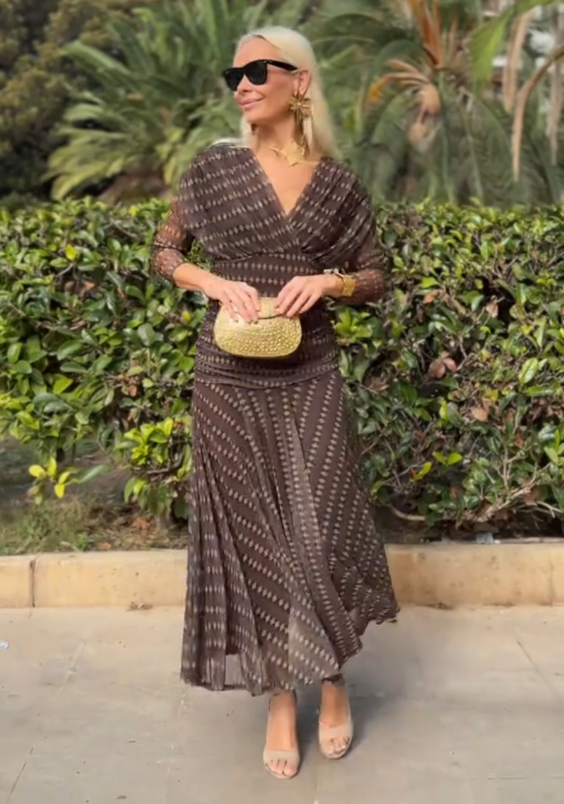 Bohemian patterned V-neck mesh maxi dress by My Store, featuring a flowy design ideal for casual or wedding occasions.