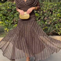 Bohemian patterned V-neck mesh maxi dress in earthy tones, perfect for casual or wedding occasions, by My Store.