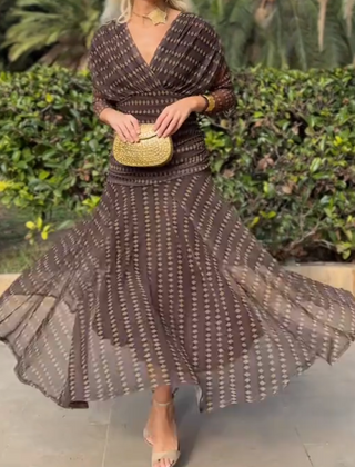 Bohemian patterned V-neck mesh maxi dress in earthy tones, perfect for casual or wedding occasions, by My Store.