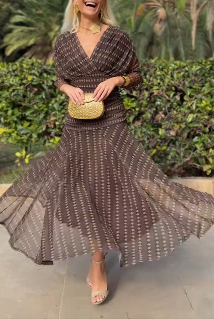 Bohemian patterned V-neck mesh maxi dress in earthy tones, perfect for casual or wedding occasions, by My Store.