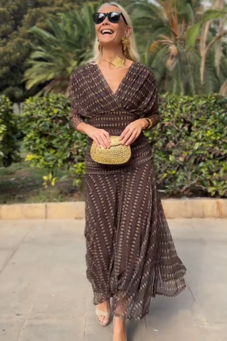 Bohemian patterned V-neck mesh maxi dress by My Store, featuring a flowing design perfect for casual or wedding occasions.
