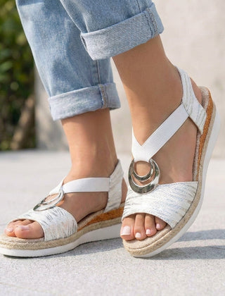White Tammy Bradley peep-toe wedge sandals for women with open toes and ankle straps, stylish and comfortable summer footwear.