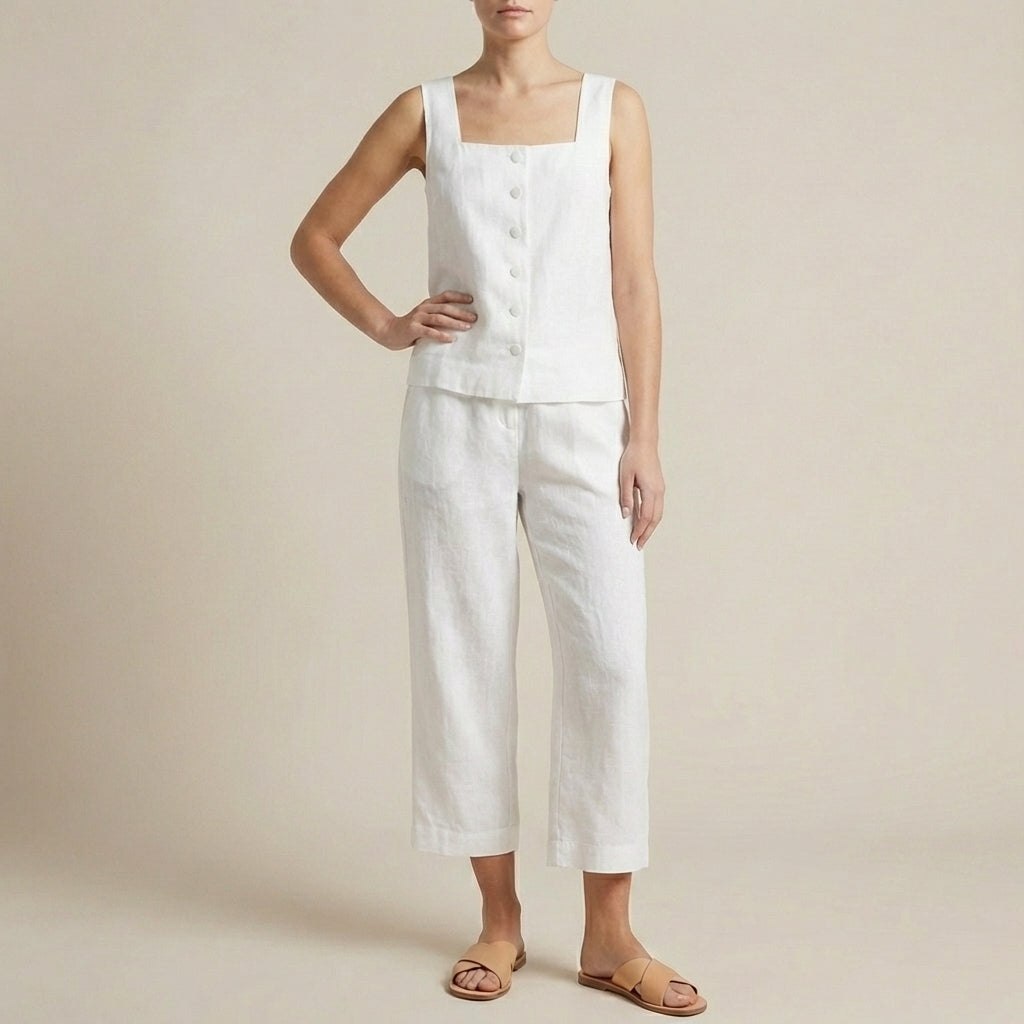 White women's button-front square-neck two-piece co-ord set by Tammy Bradley, featuring a stylish top and matching pants.