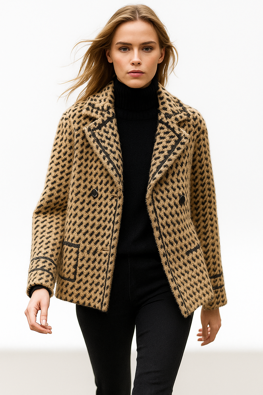 Houndstooth Knit Jacket Women Cropped Double Breasted