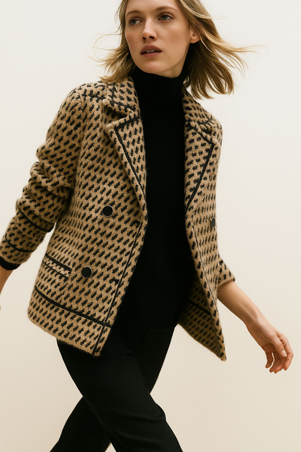 Houndstooth Knit Jacket Women Cropped Double Breasted