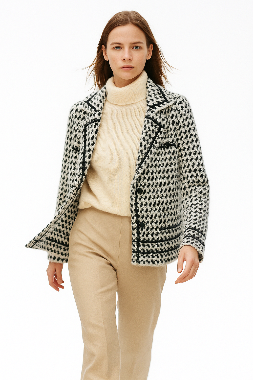 Houndstooth Knit Jacket Women Cropped Double Breasted