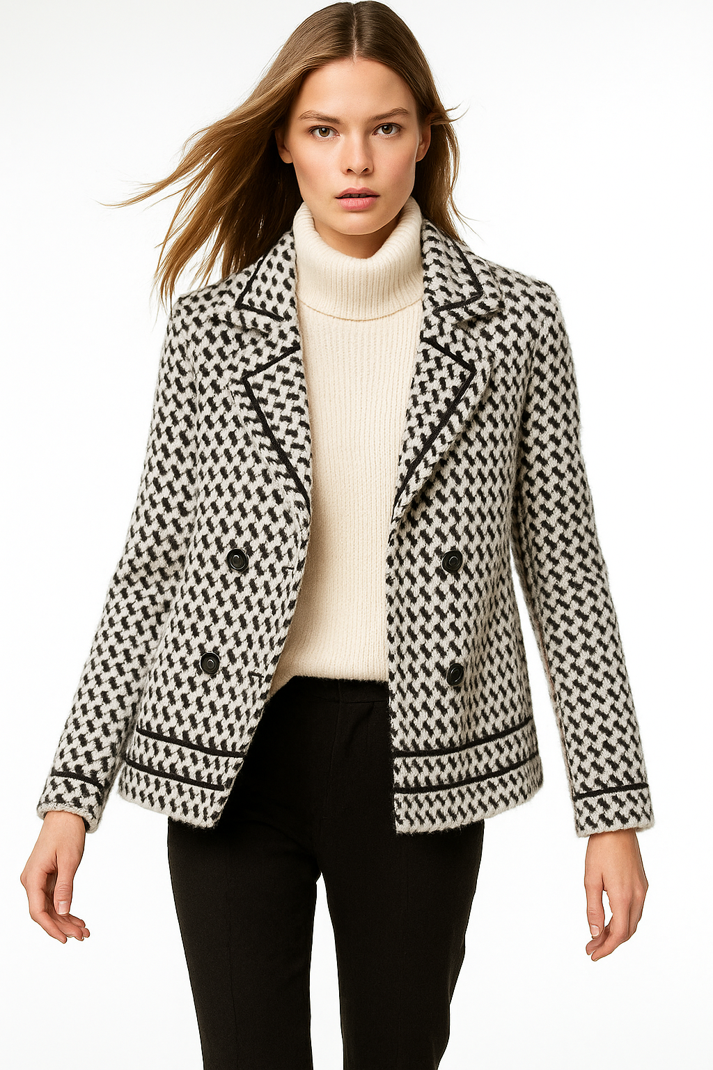 Houndstooth Knit Jacket Women Cropped Double Breasted