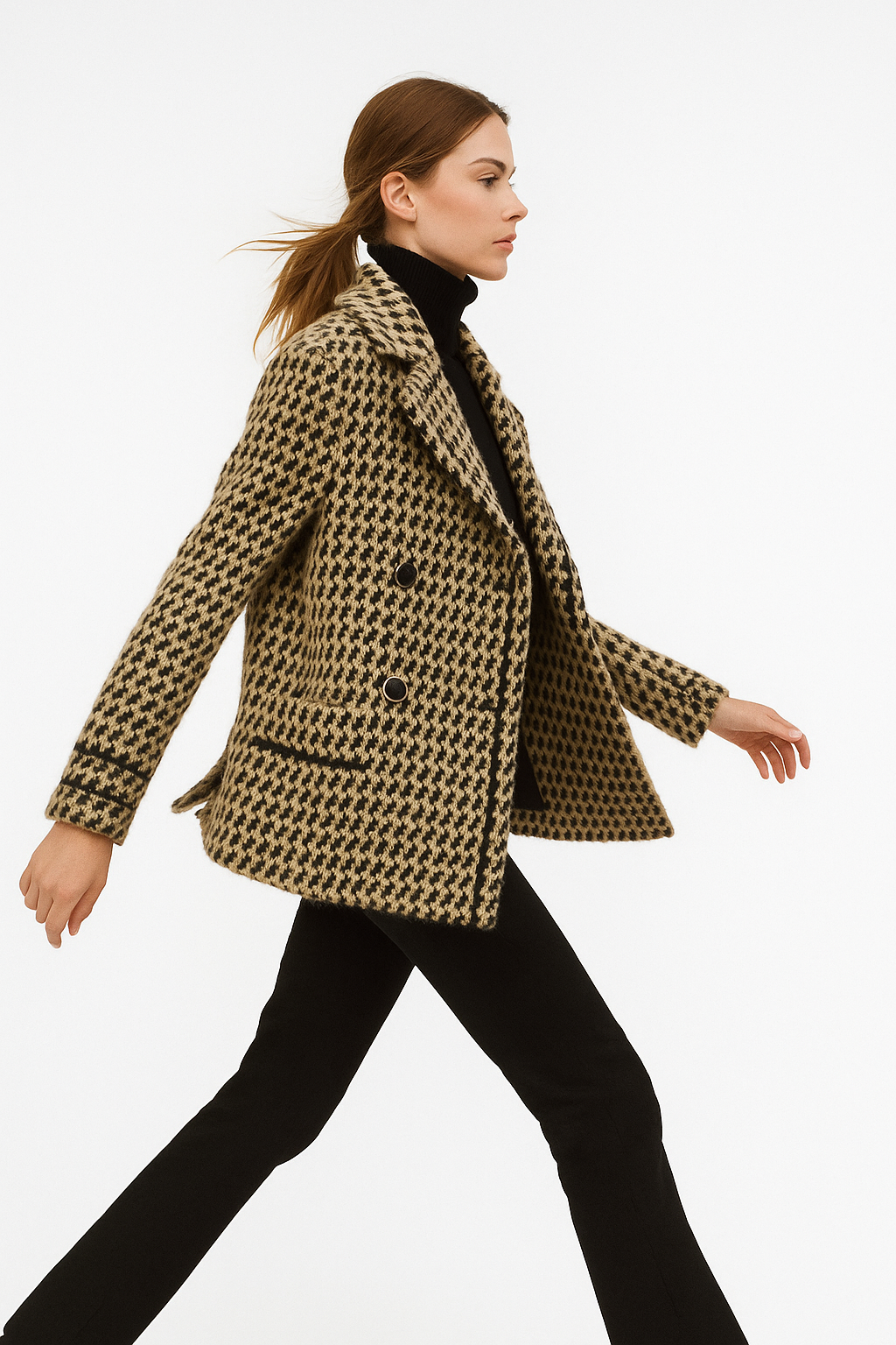Houndstooth Knit Jacket Women Cropped Double Breasted