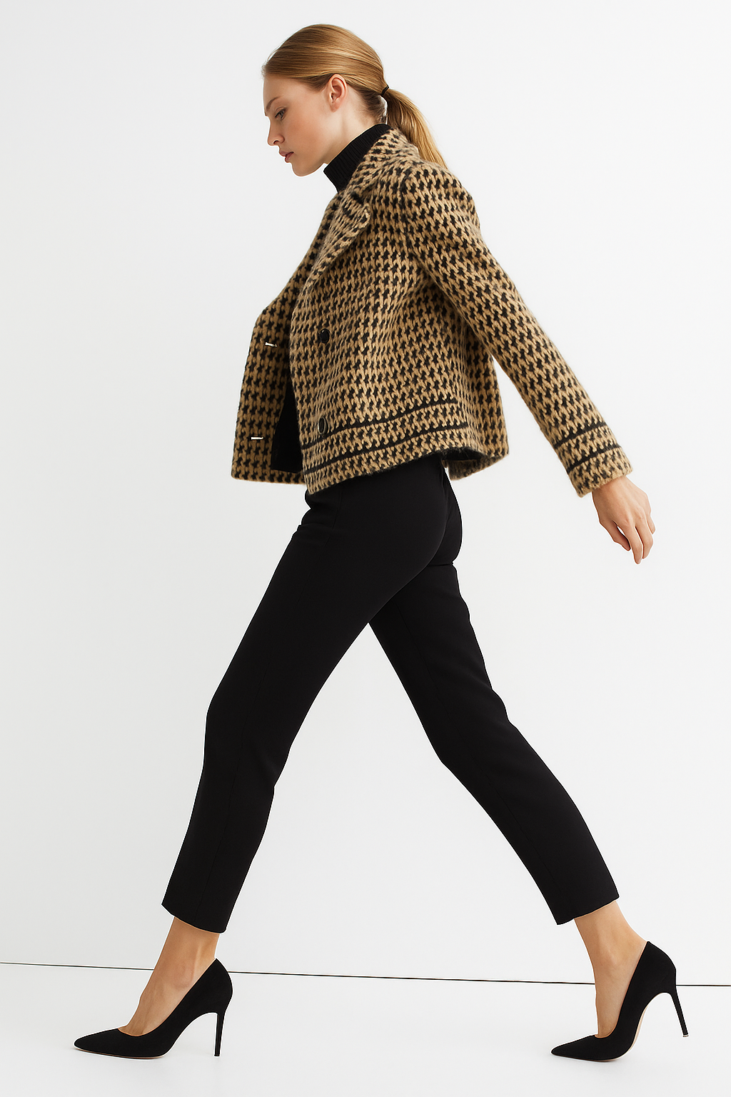 Houndstooth Knit Jacket Women Cropped Double Breasted