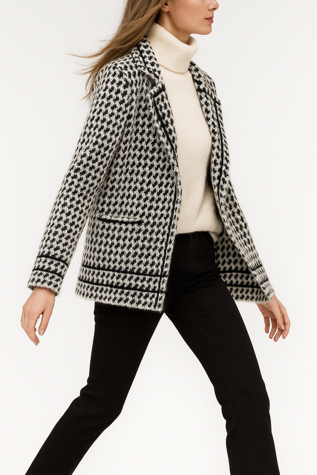 Houndstooth Knit Jacket Women Cropped Double Breasted