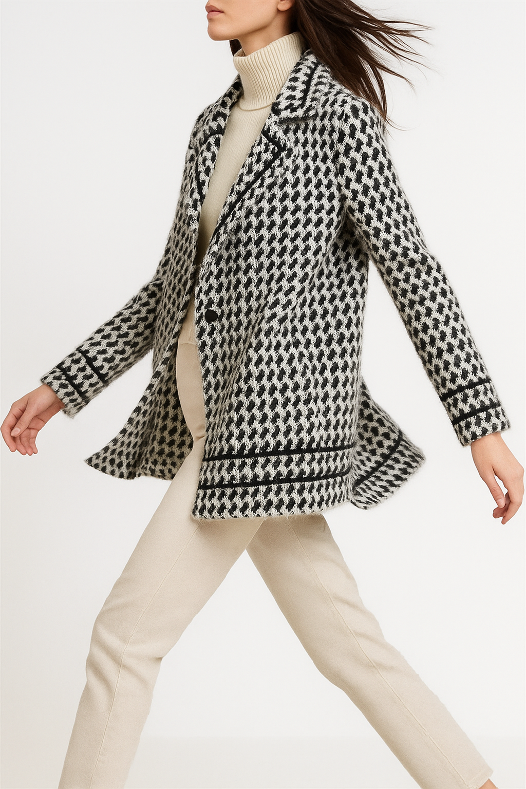 Houndstooth Knit Jacket Women Cropped Double Breasted